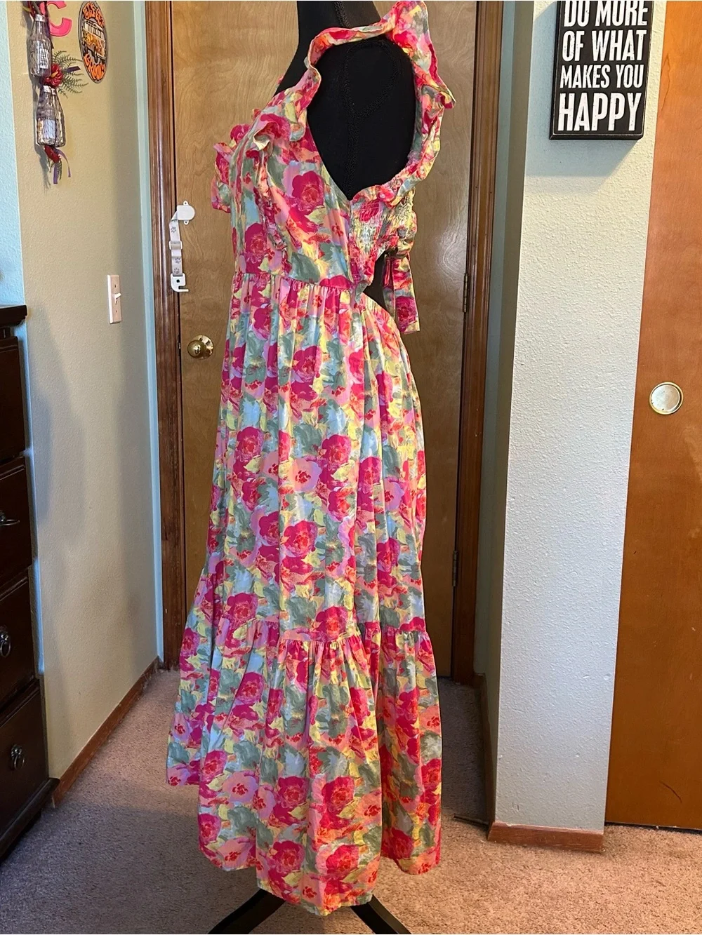 Peyton & Parker pink floral tiered maxi dress tie back design open back ruffle L - Picture 4 of 10